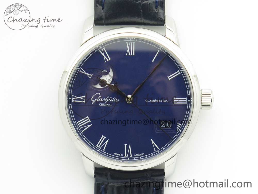 Excellence Panorama 40mm Date Moon Phase SS ETC Marker 1-1 Best Edition Blue Dial on Blue Leather Strap A100