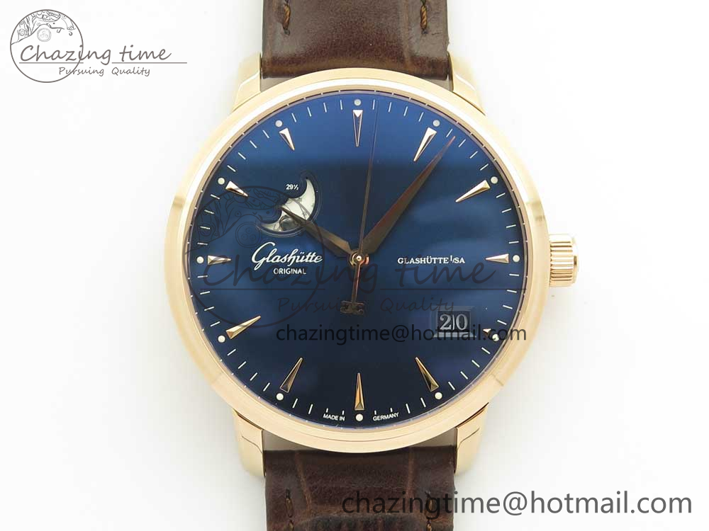 Excellence Panorama Date Moon Phase RG ETCF Blue Dial on Brown Leather Strap A100-9