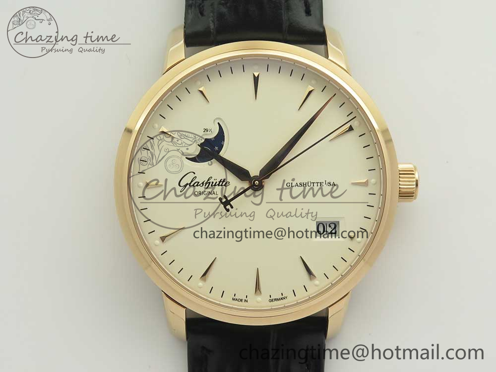 Excellence Panorama Date Moon Phase RG ETCF White Dial on Black Leather Strap A100